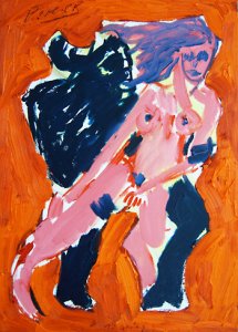 Nach Rodin Faune et Nymphe auf orange gemaltes Bild