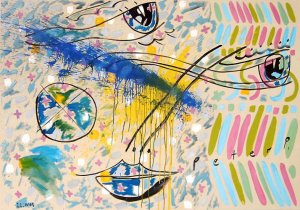 ´rhythmischer Kopf mit tanzenden und gelben und blauen Spritzern ´