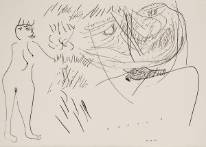 ´verschwimmender Kopf mit tanzenden Haaren und ägyptischer Göttin (Hathar) ((ohne Titel))´